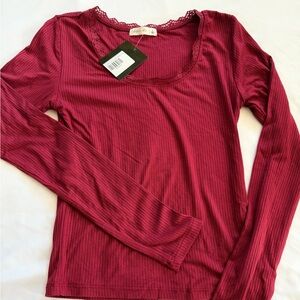 Ribbed Lace-Trim Long Sleeve Top - Wine